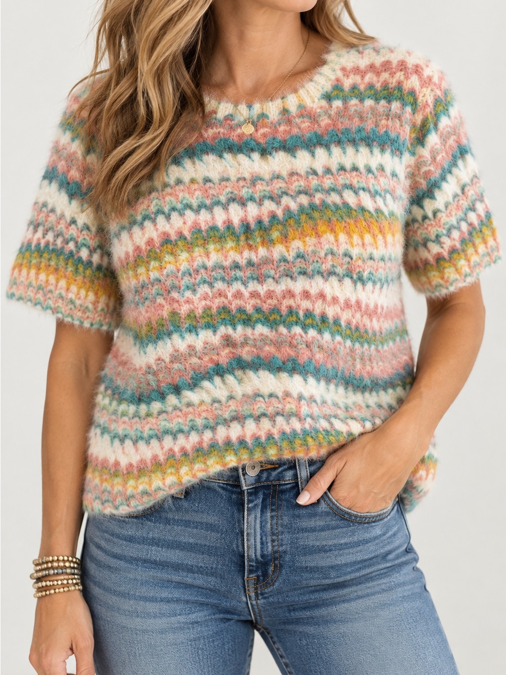Anthropologie Fuzzy Striped Knit Sweater Top Multicolor M